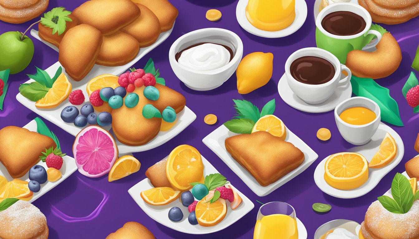 A table set with a colorful array of beignets, fresh fruit, and toppings for a Mardi Gras themed breakfast bowl