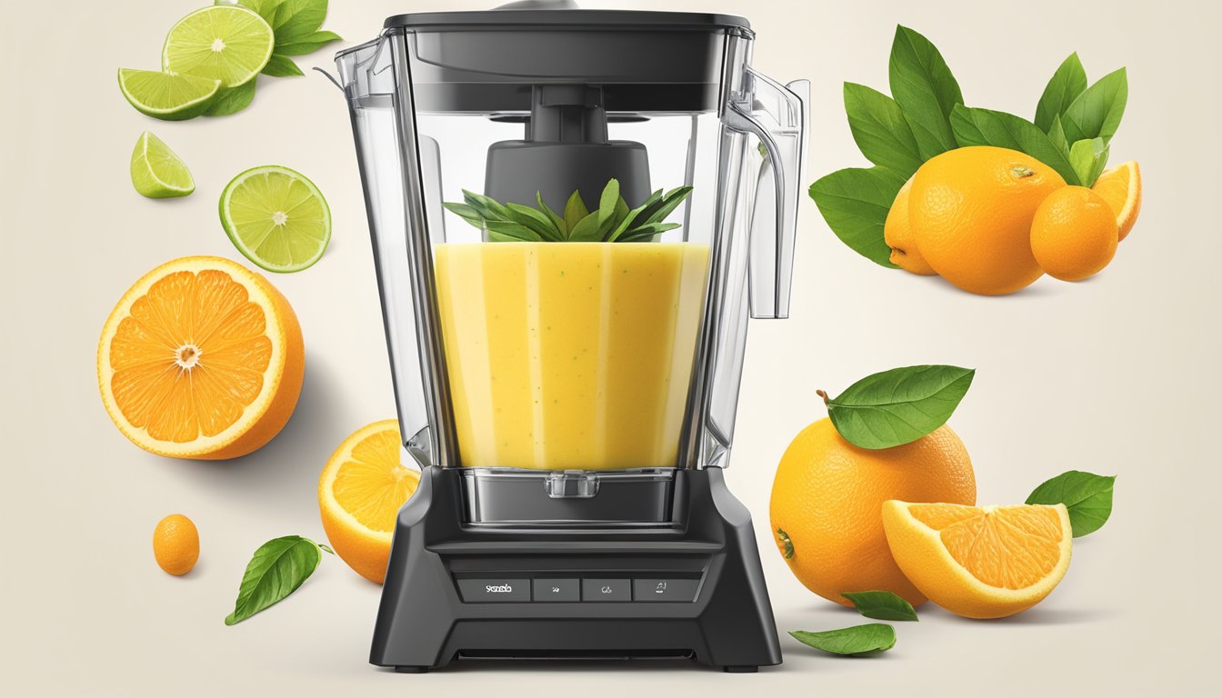 A vibrant zesty citrus smoothie being blended in a Blendtec Total Classic Original blender, surrounded by fresh fruits and ingredients