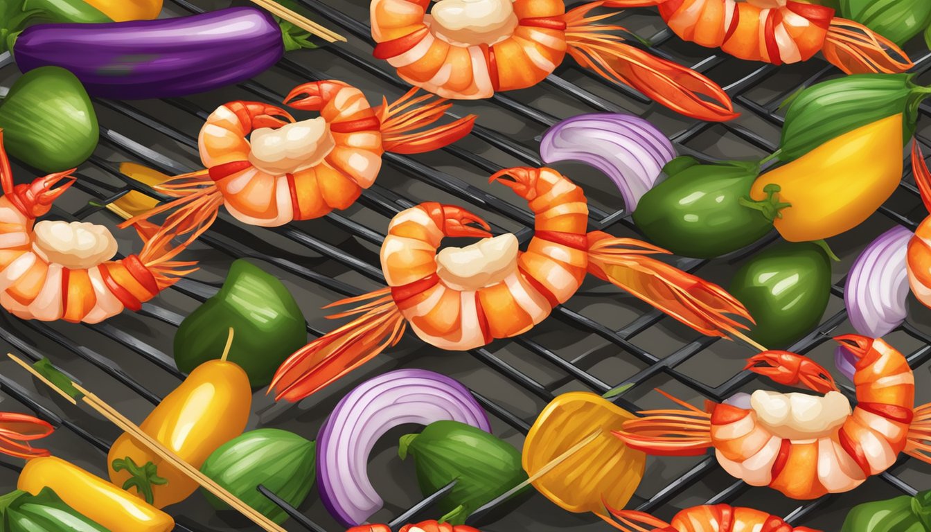 A colorful array of shrimp skewers, adorned with peppers and onions, sizzle on a grill, evoking the festive spirit of Mardi Gras