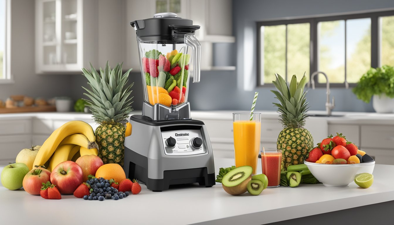 A kitchen countertop with a Blendtec Total Classic Original Blender surrounded by various fresh fruits, vegetables, and grains. A glass of smoothie sits next to the blender