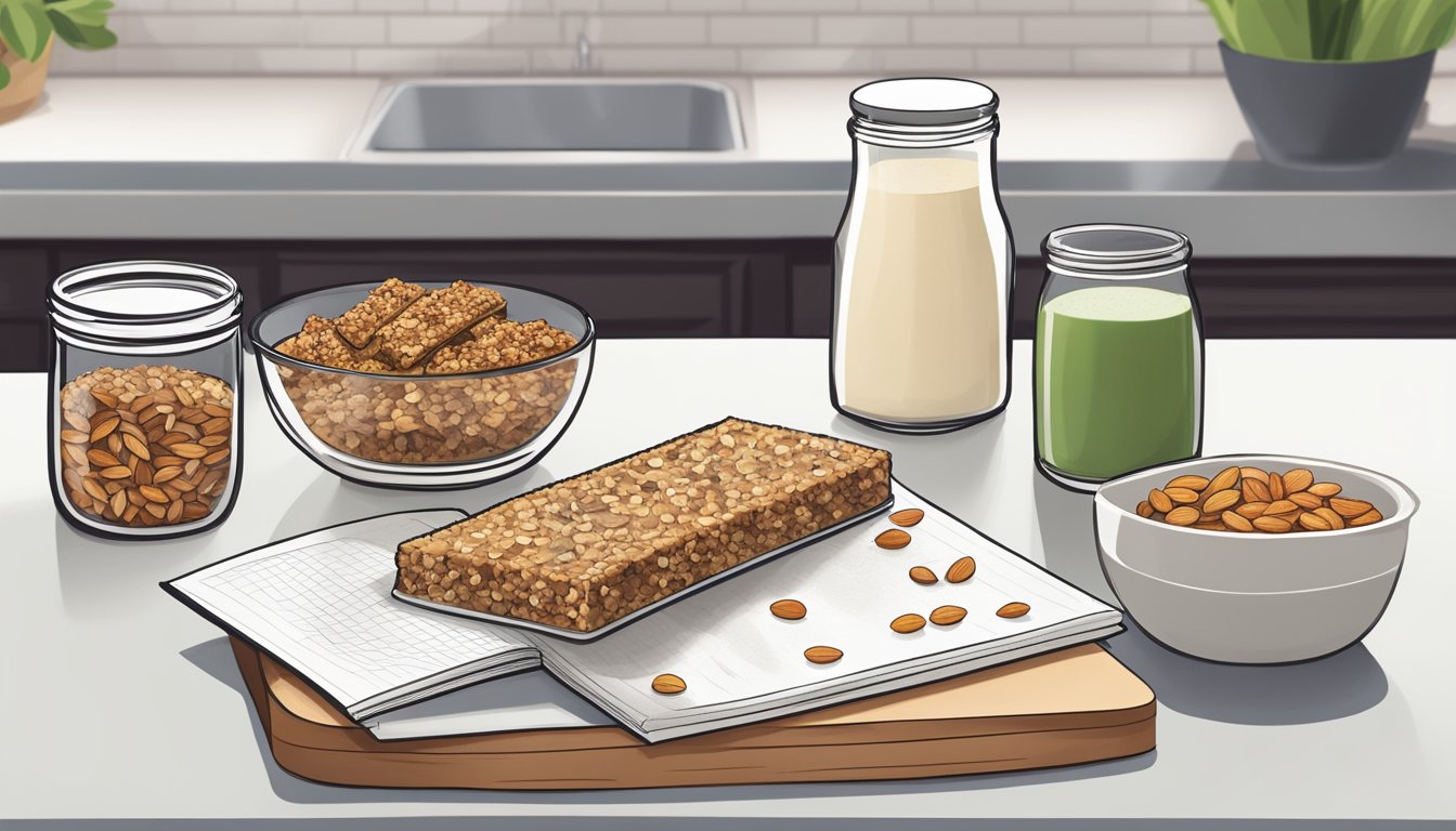 A kitchen counter with ingredients for Vegan Almond Meal Granola Bars and a recipe book open to "5 meal prep recipes using almond meal."