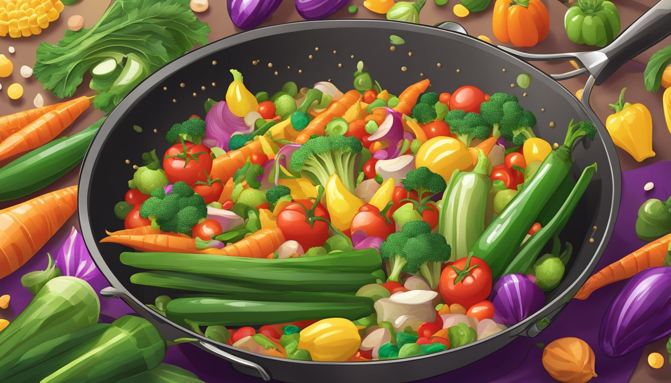 A colorful array of vegetables and protein sizzling in a wok, with a festive Mardi Gras mask and beads in the background