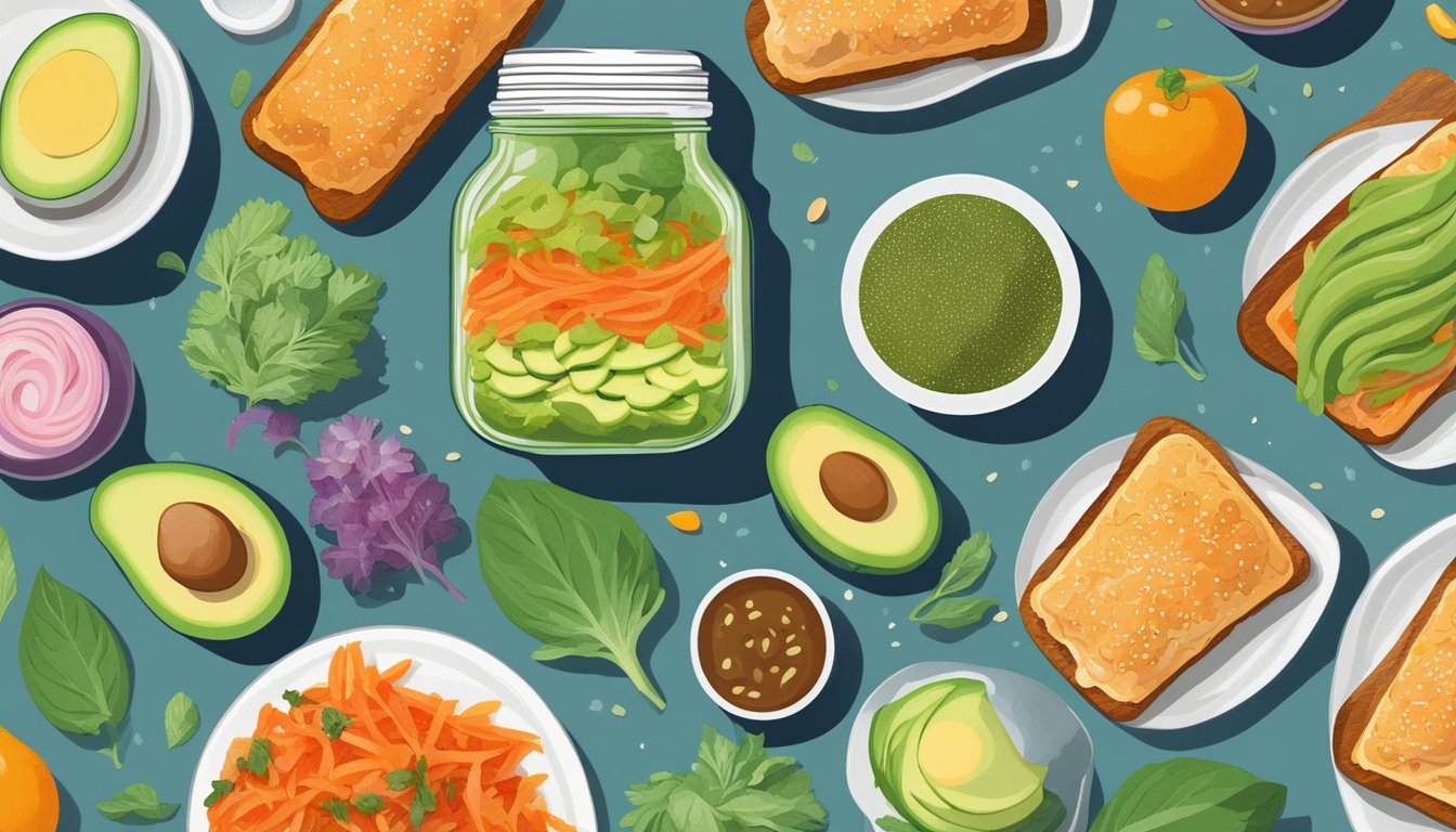 A plate of kimchi avocado toast surrounded by colorful ingredients and a jar of probiotic-rich foods