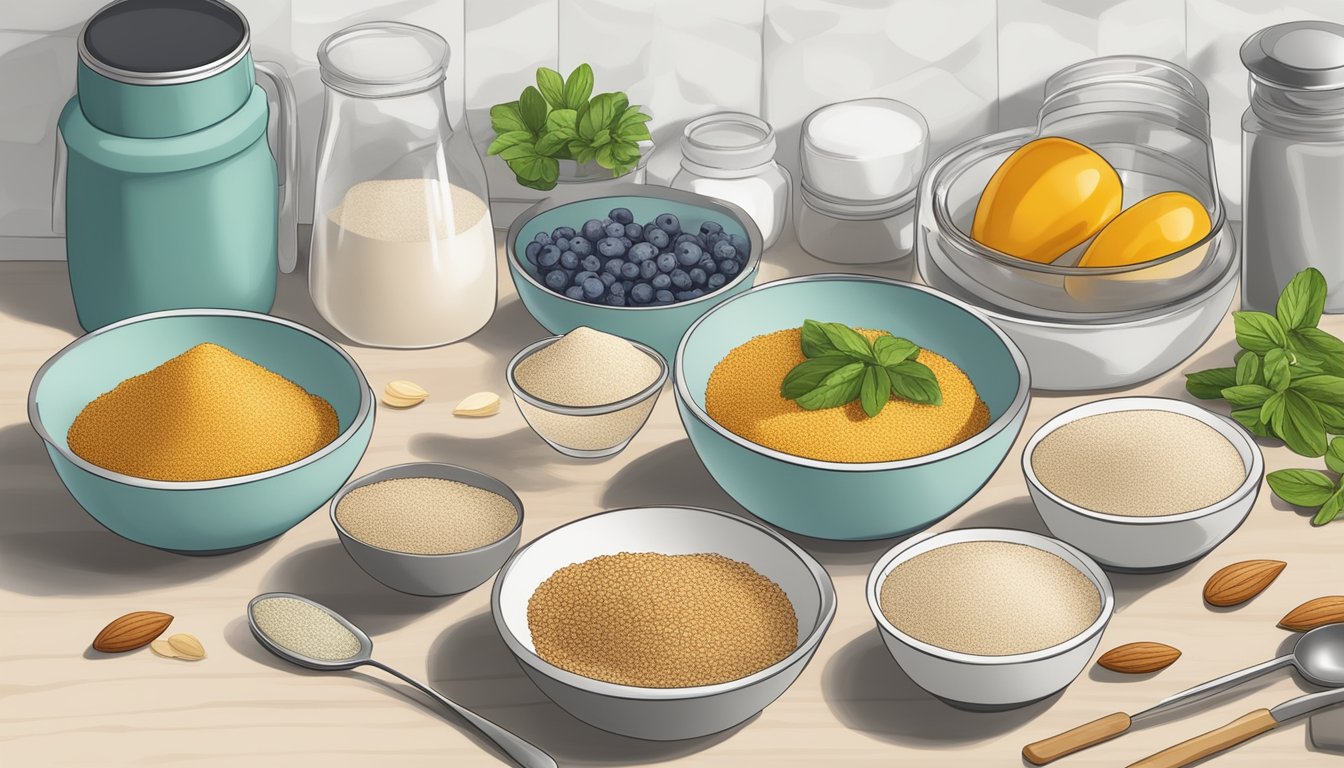 A kitchen counter with bowls of almond meal, fresh ingredients, and cooking utensils for preparing meal prep recipes