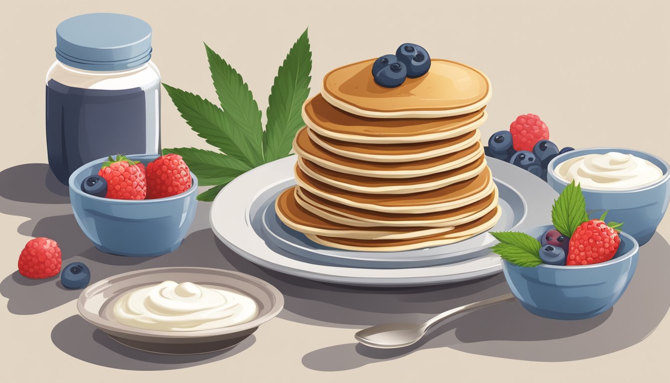 A stack of hemp protein pancakes with a dollop of yogurt and fresh berries on a plate, alongside a jar of hemp protein powder and a mixing bowl