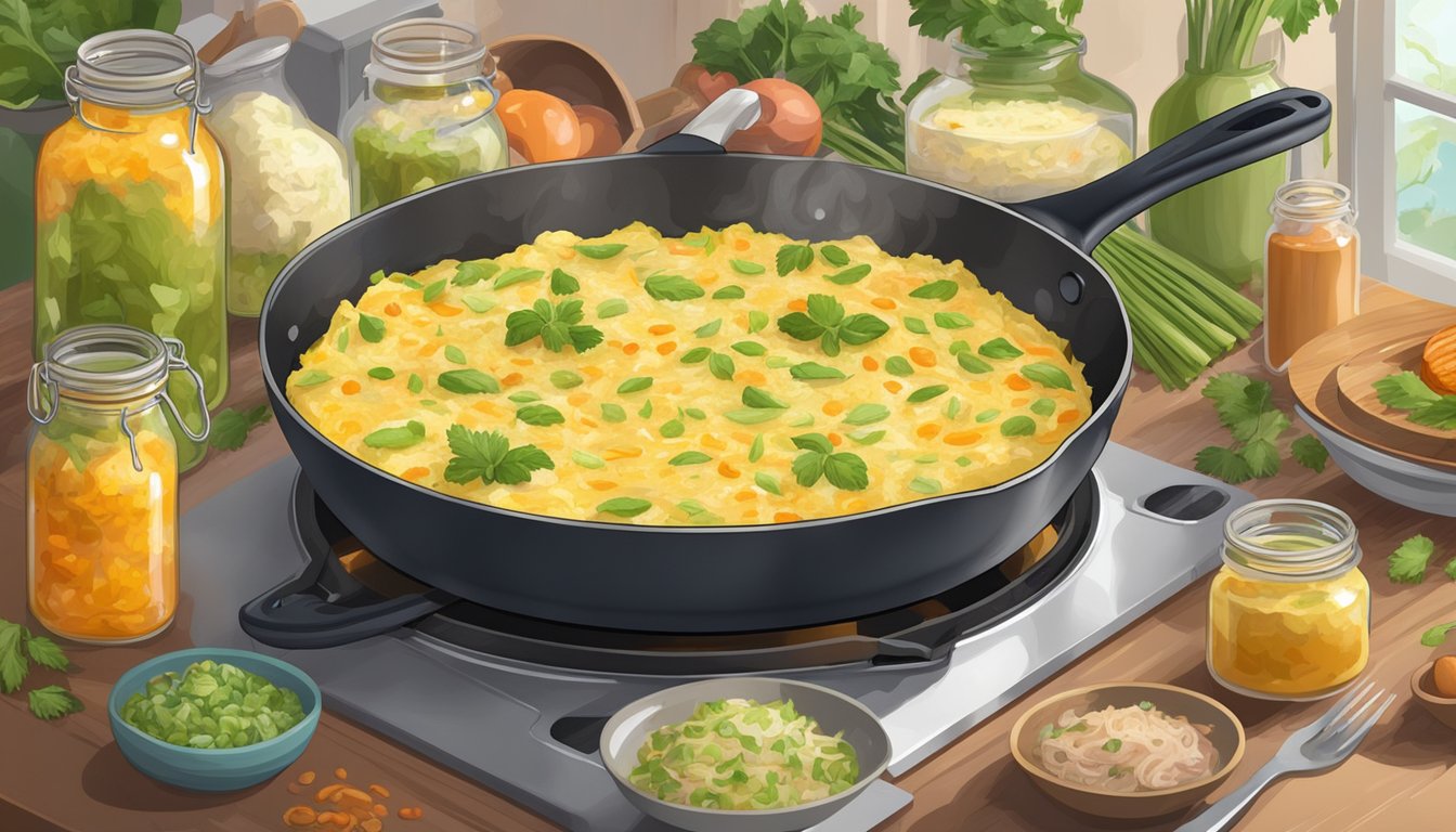 A sauerkraut omelette being cooked in a sizzling skillet, surrounded by jars of fermented foods and fresh ingredients