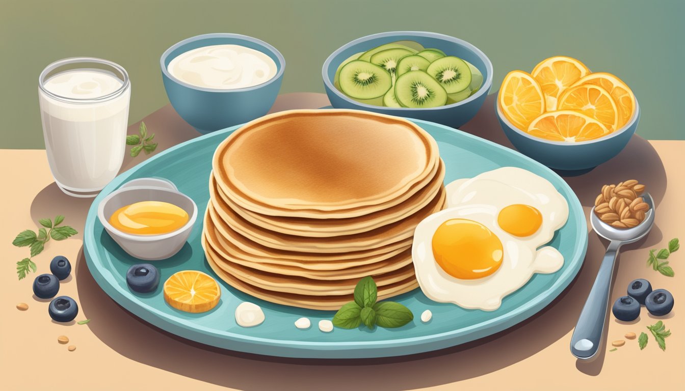 A plate of kefir pancakes surrounded by various probiotic-rich breakfast ingredients