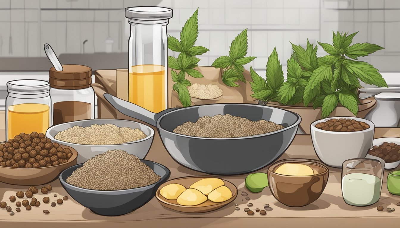 A kitchen counter with ingredients and utensils for making hemp protein energy balls