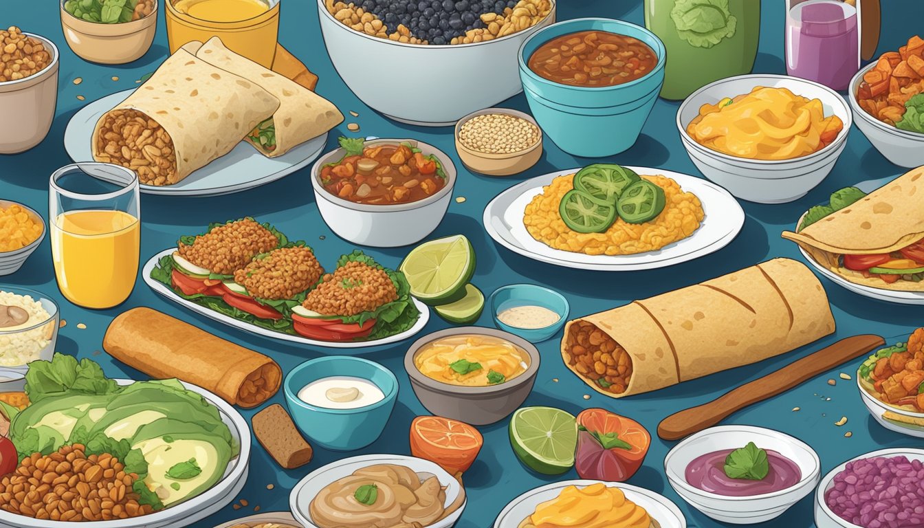 A colorful breakfast spread featuring a tempeh breakfast burrito surrounded by 14 other probiotic-rich dishes