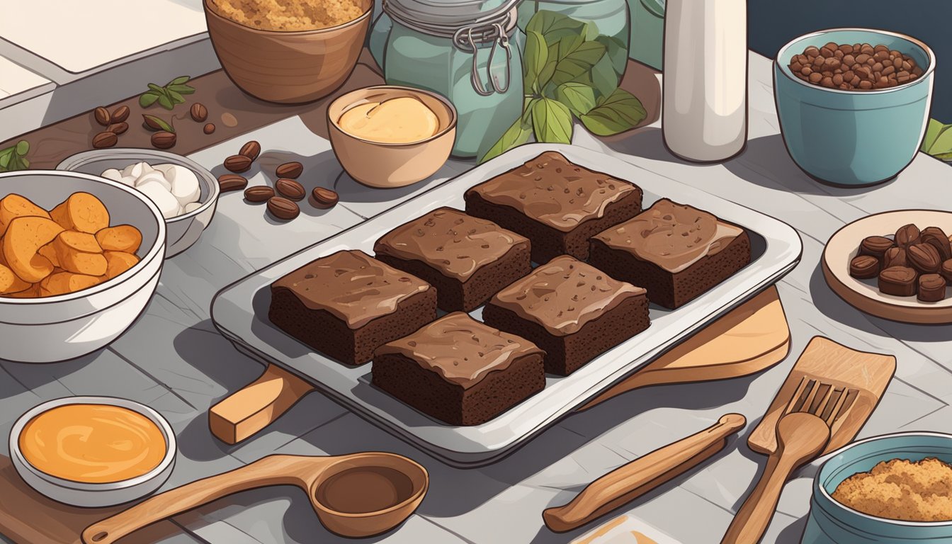 A countertop with a row of freshly baked vegan hemp protein brownies, surrounded by various ingredients and kitchen utensils for meal prep