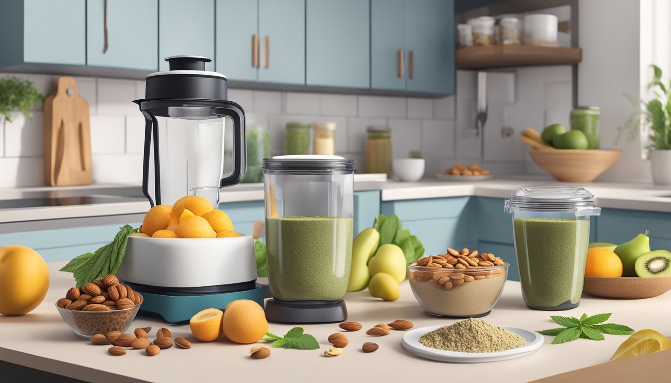 A kitchen counter with various ingredients and containers, including hemp protein powder, fruits, nuts, and seeds. A blender and meal prep containers are also present