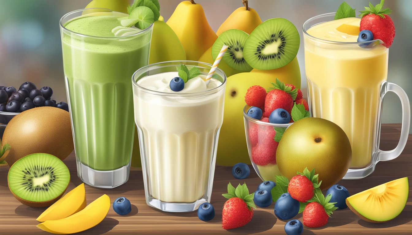 A glass of lassi surrounded by a variety of fresh fruits, such as berries, mango, and kiwi, on a wooden breakfast table