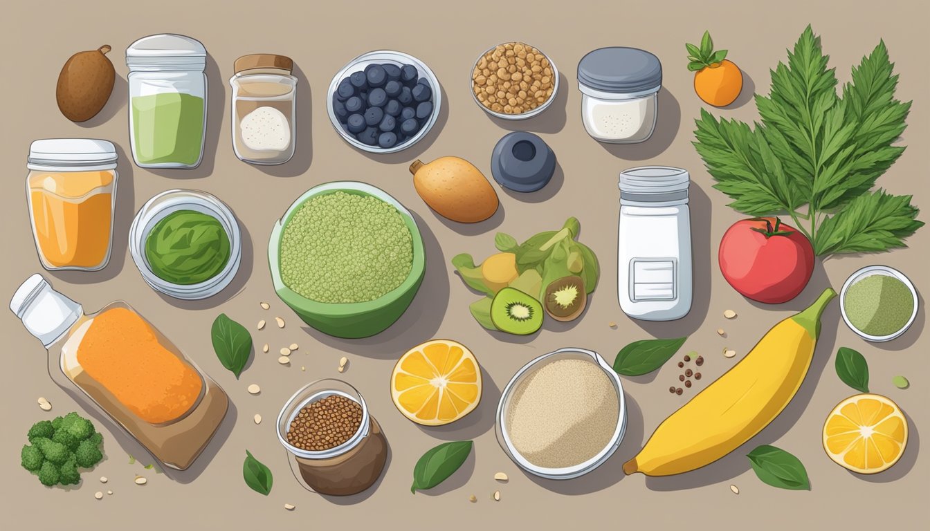 A kitchen counter with various ingredients and containers, including hemp protein powder, fruits, vegetables, and grains, laid out for meal prep