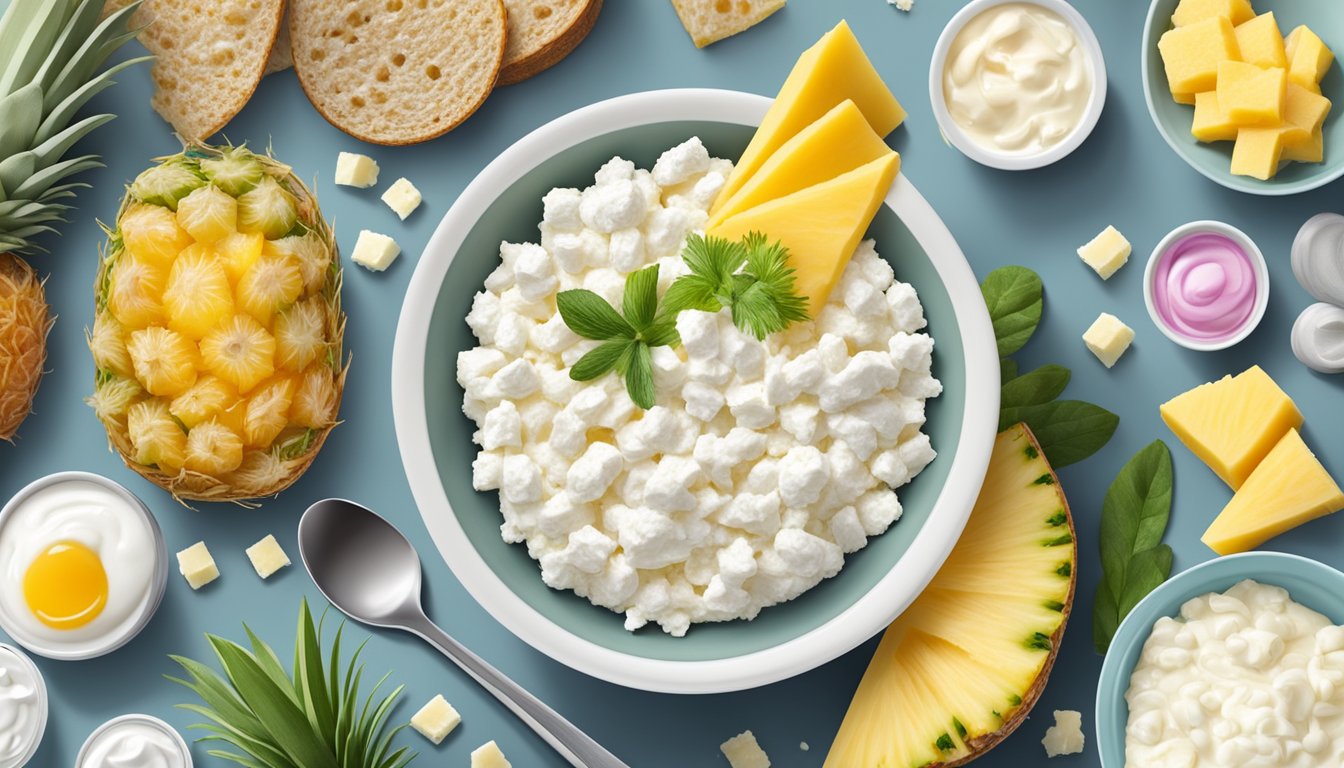 A bowl of cottage cheese with pineapple surrounded by 15 different breakfast items, such as yogurt, kefir, and sauerkraut, all rich in probiotics