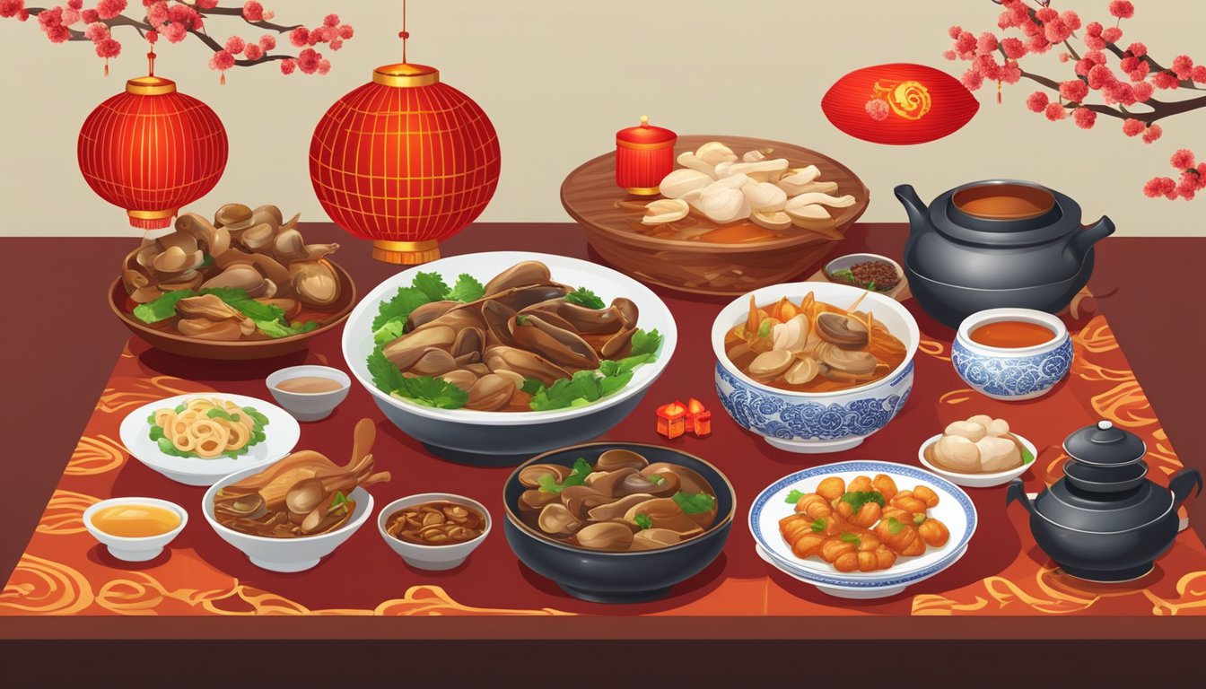 A table set with braised duck, mushrooms, and other traditional Chinese New Year dishes, surrounded by festive decorations and red lanterns