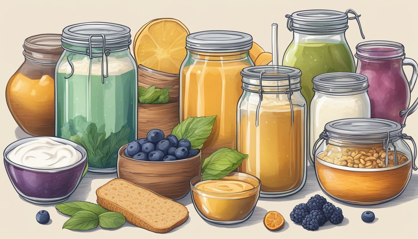 A glass jar of homemade kombucha tea surrounded by a variety of breakfast foods rich in probiotics, such as yogurt, kefir, and fermented vegetables