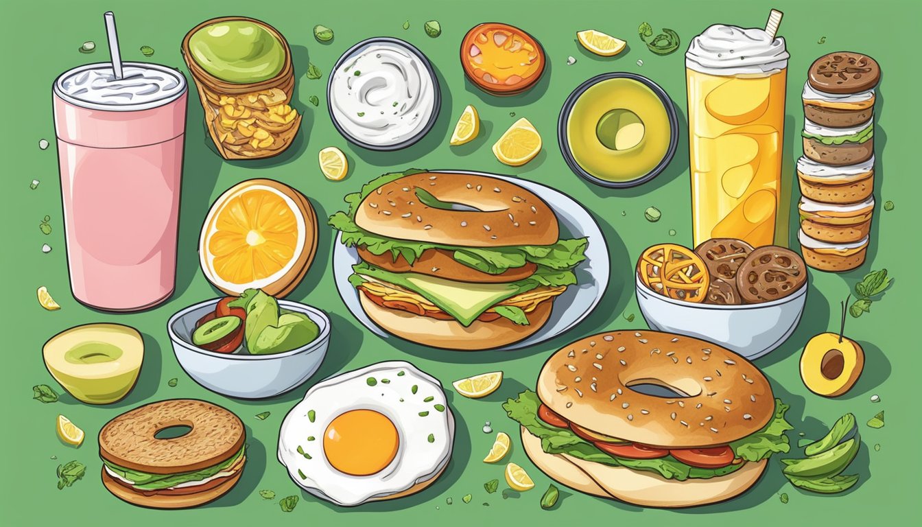 A sour pickle bagel sandwich surrounded by various breakfast items, including yogurt, kefir, and other probiotic-rich foods