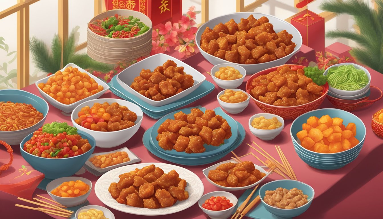 A table set with 10 neatly arranged containers of sweet and sour pork, surrounded by traditional Chinese New Year decorations