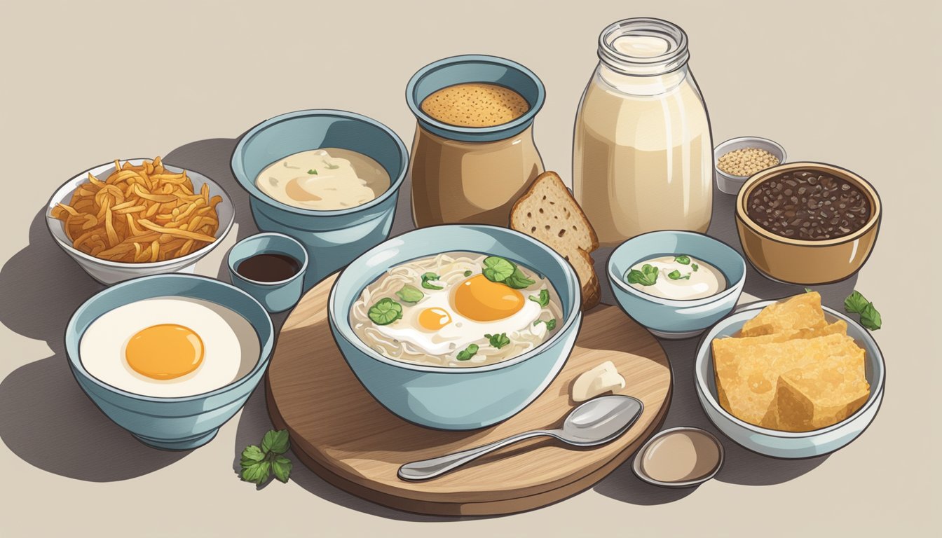 A table filled with a variety of breakfast foods such as yogurt, kefir, sauerkraut, and miso soup, all rich in probiotics