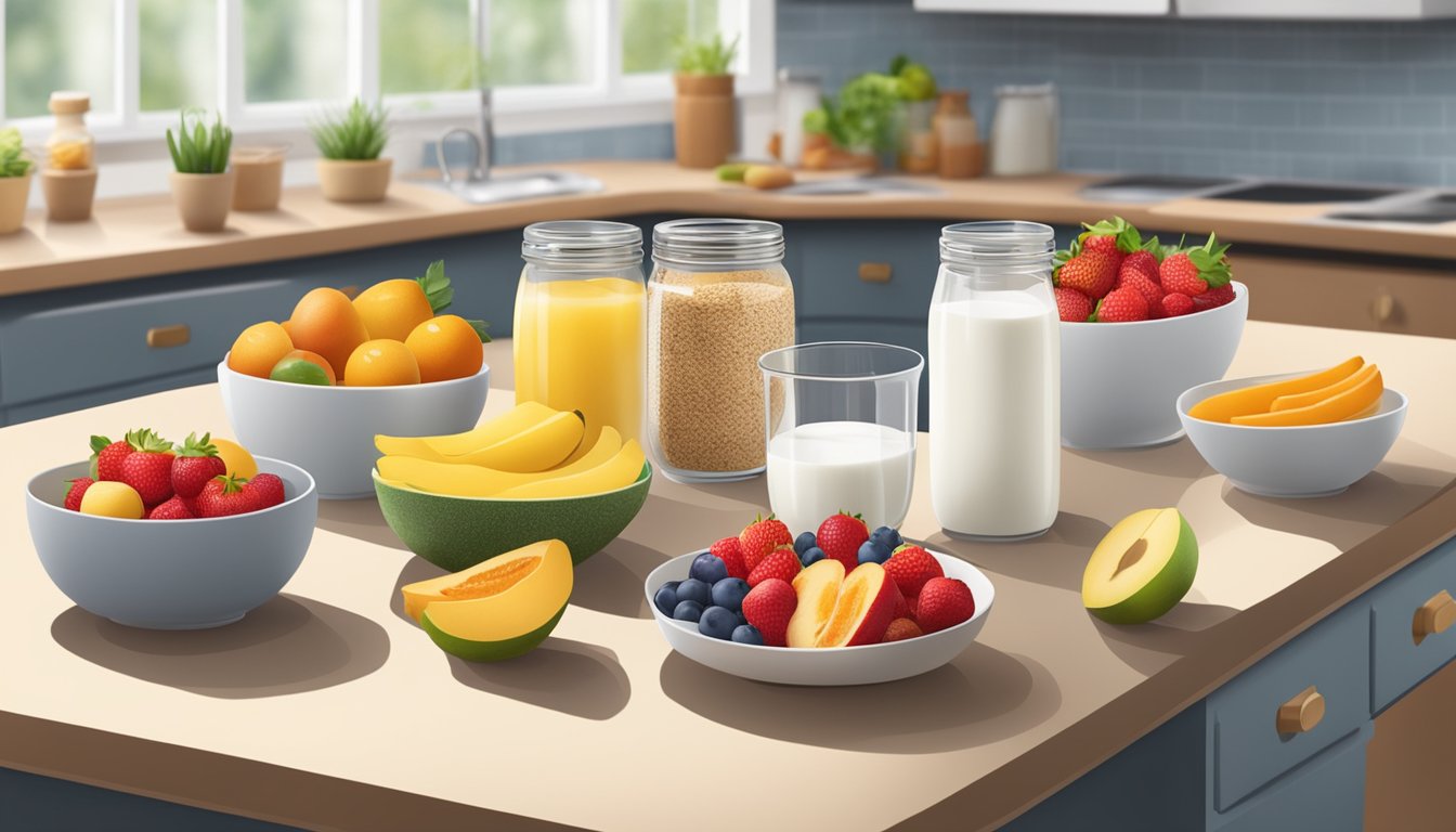 A kitchen counter with a variety of fresh fruits, yogurt, kefir, and whole grains laid out for breakfast preparation