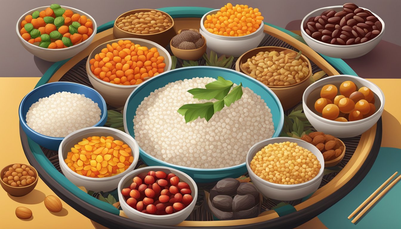 A colorful array of traditional Chinese ingredients arranged around a bowl of Eight-Treasure Rice, including red dates, lotus seeds, and candied fruits