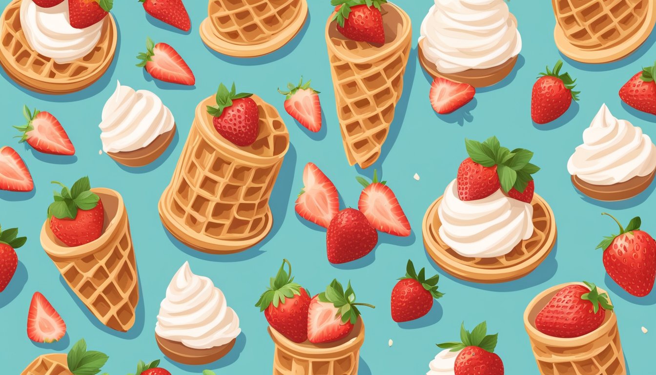 Freshly baked waffle cones filled with strawberry shortcake, topped with whipped cream and fresh strawberries, surrounded by a waffle cone maker and ingredients