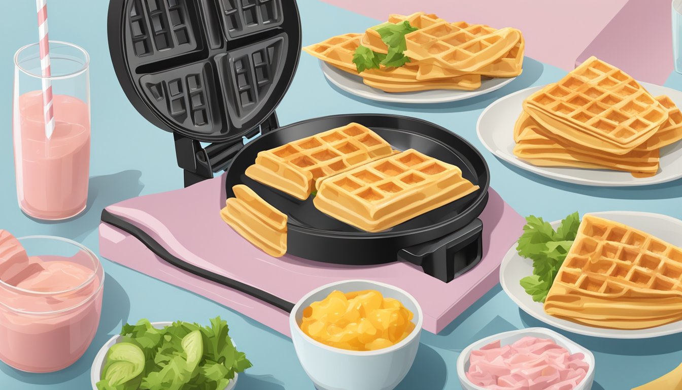 A stack of savory waffle tacos filled with ham and cheese, surrounded by a holstein waffle cone maker and ingredients