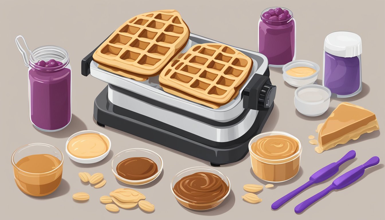 A waffle cone maker surrounded by ingredients for peanut butter and jelly waffle pops, including peanut butter, jelly, and waffle batter