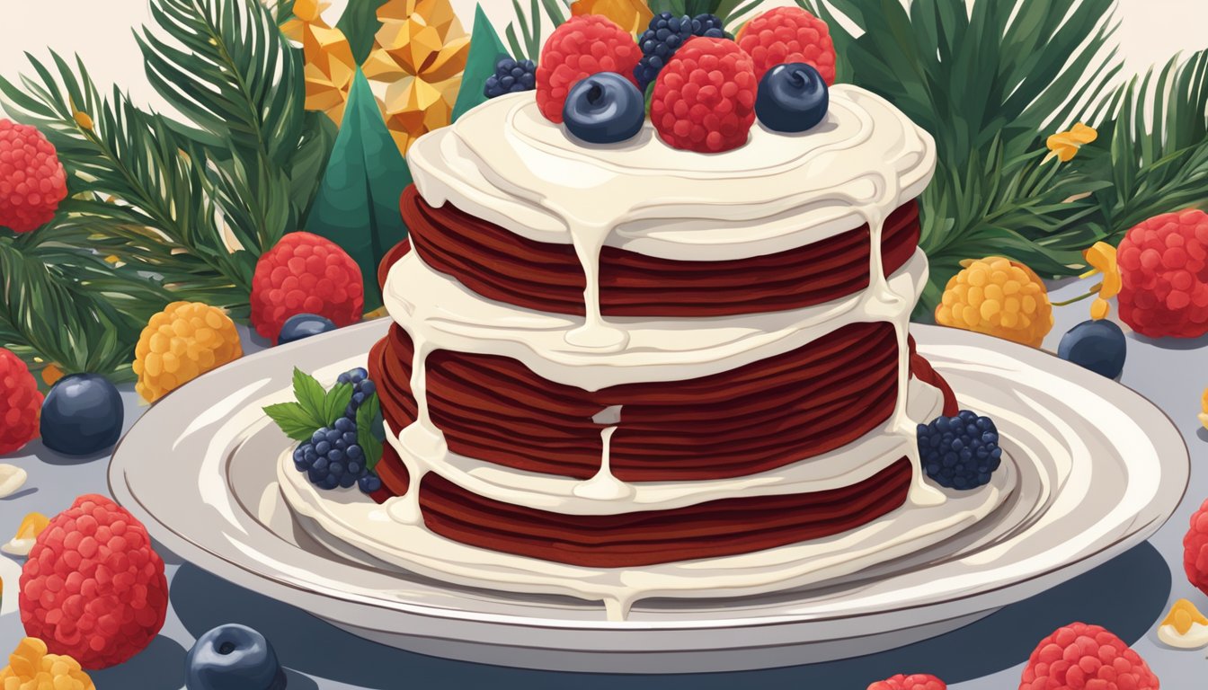 A stack of red velvet pancakes topped with cream cheese glaze, surrounded by festive Juneteenth decorations