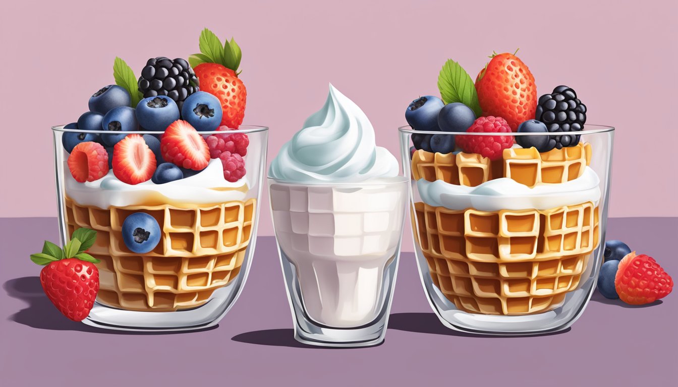 A stack of golden brown waffles topped with Greek yogurt and a colorful array of fresh berries, arranged in a parfait glass