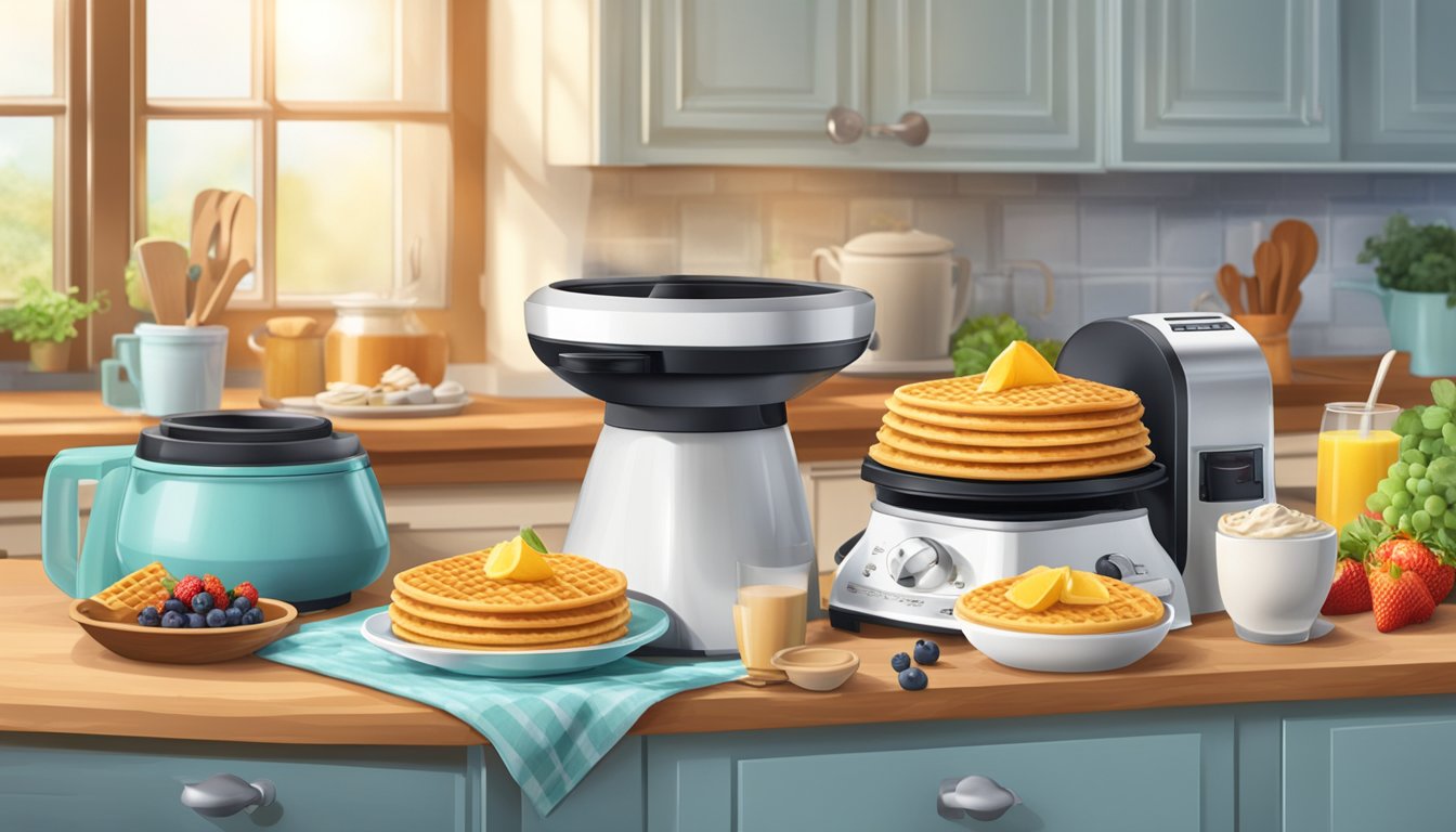 A kitchen counter with a Holstein waffle cone maker surrounded by ingredients for breakfast recipes