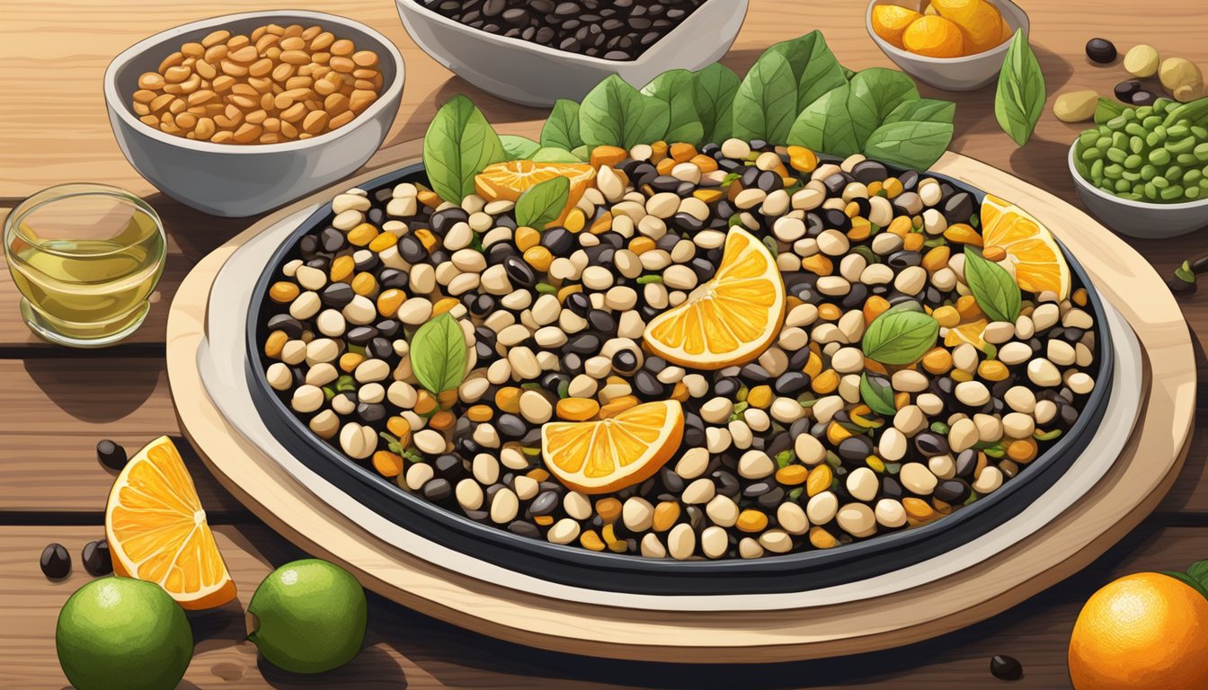 A colorful array of black-eyed peas, mixed with vibrant citrus slices and drizzled with tangy vinaigrette, arranged on a wooden serving platter