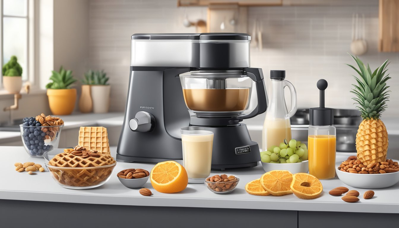 A kitchen counter with a holstein waffle cone maker surrounded by various ingredients such as fruits, nuts, and syrups