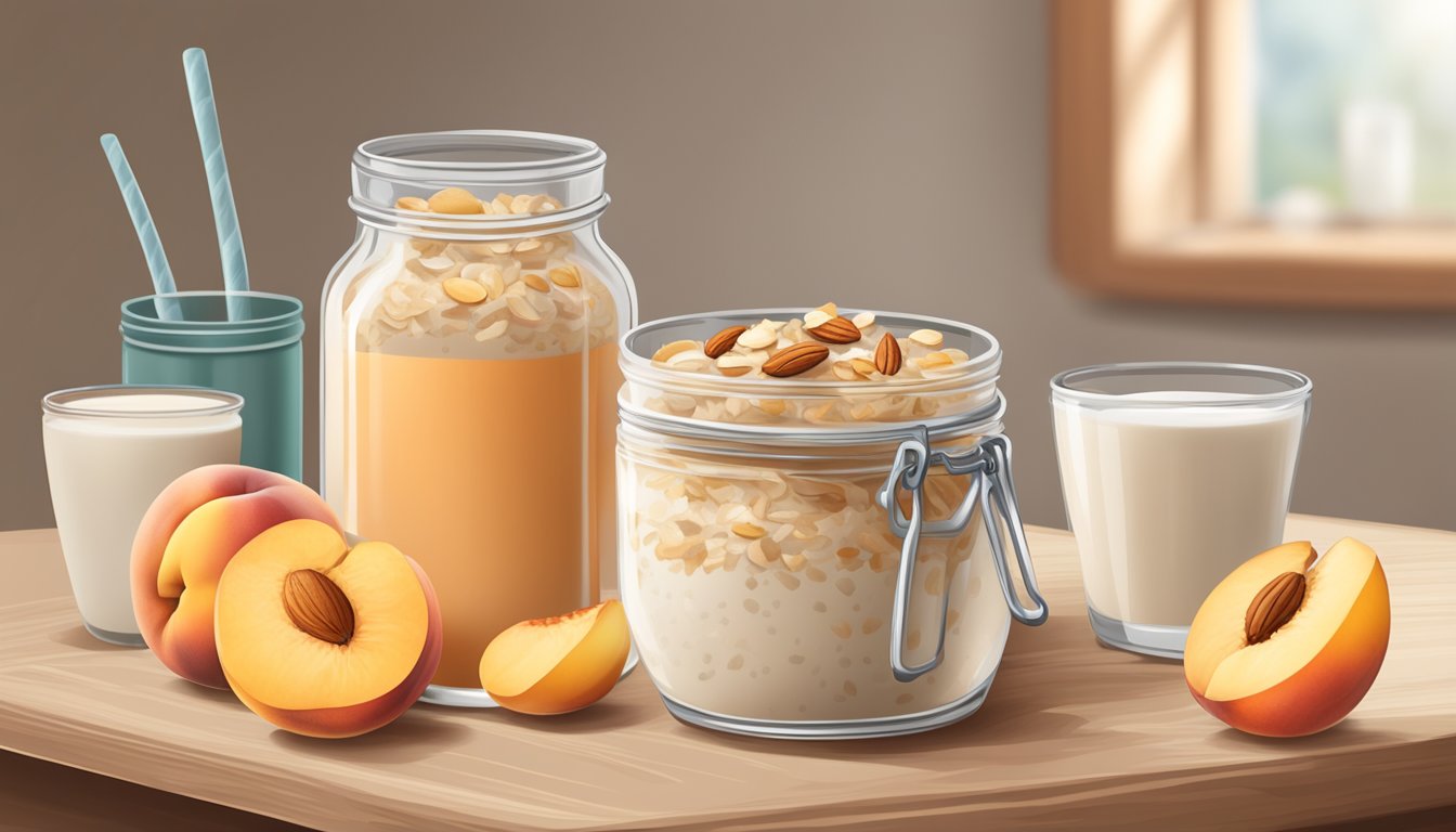 A wooden table with a spread of ingredients for Peach Cobbler Overnight Oats. A jar of oats, fresh peaches, cinnamon, and almond milk