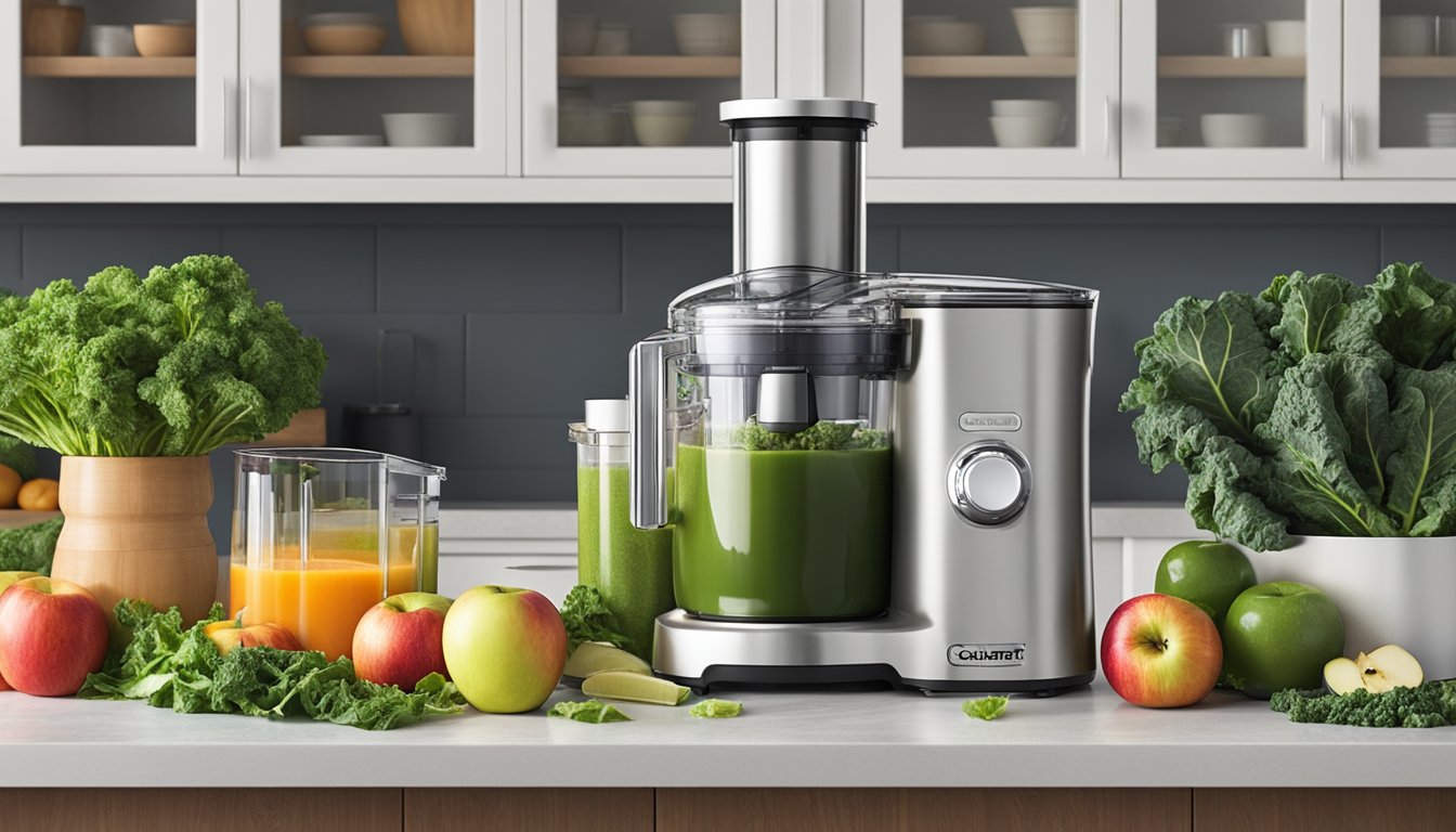 A colorful array of fresh kale, apples, and various other ingredients arranged around a sleek Cuisinart Hurricane Compact Juicing Blender on a clean kitchen countertop