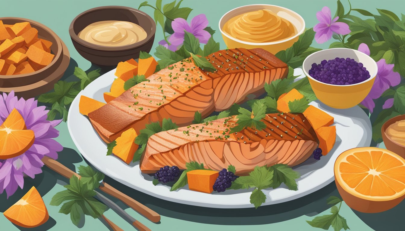 A platter of honey glazed salmon and sweet potatoes surrounded by colorful Juneteenth-themed decorations and ingredients