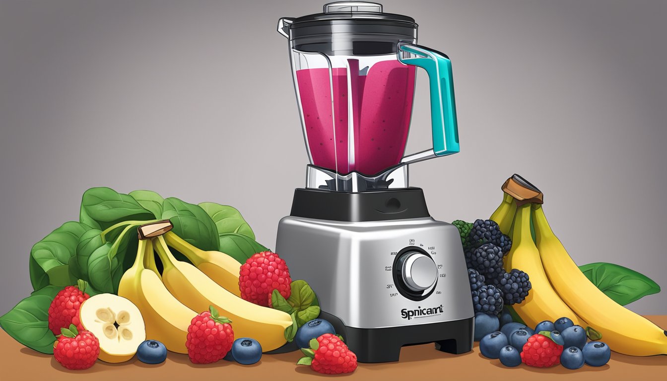 A colorful array of fresh berries, spinach, and bananas being blended into a smoothie in a Cuisinart Hurricane Compact Juicing Blender