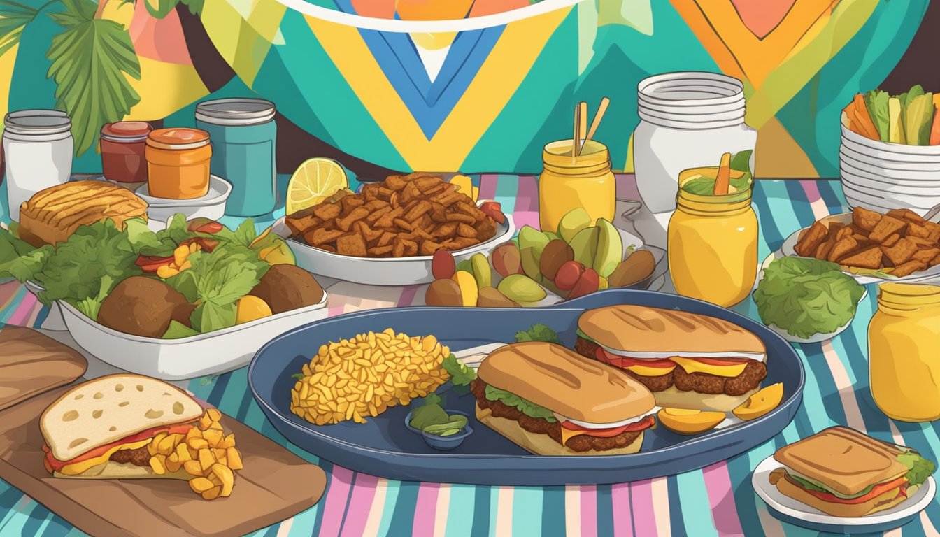 A colorful outdoor BBQ spread with jackfruit sandwiches, surrounded by vibrant Juneteenth decorations and 10 meal prep containers