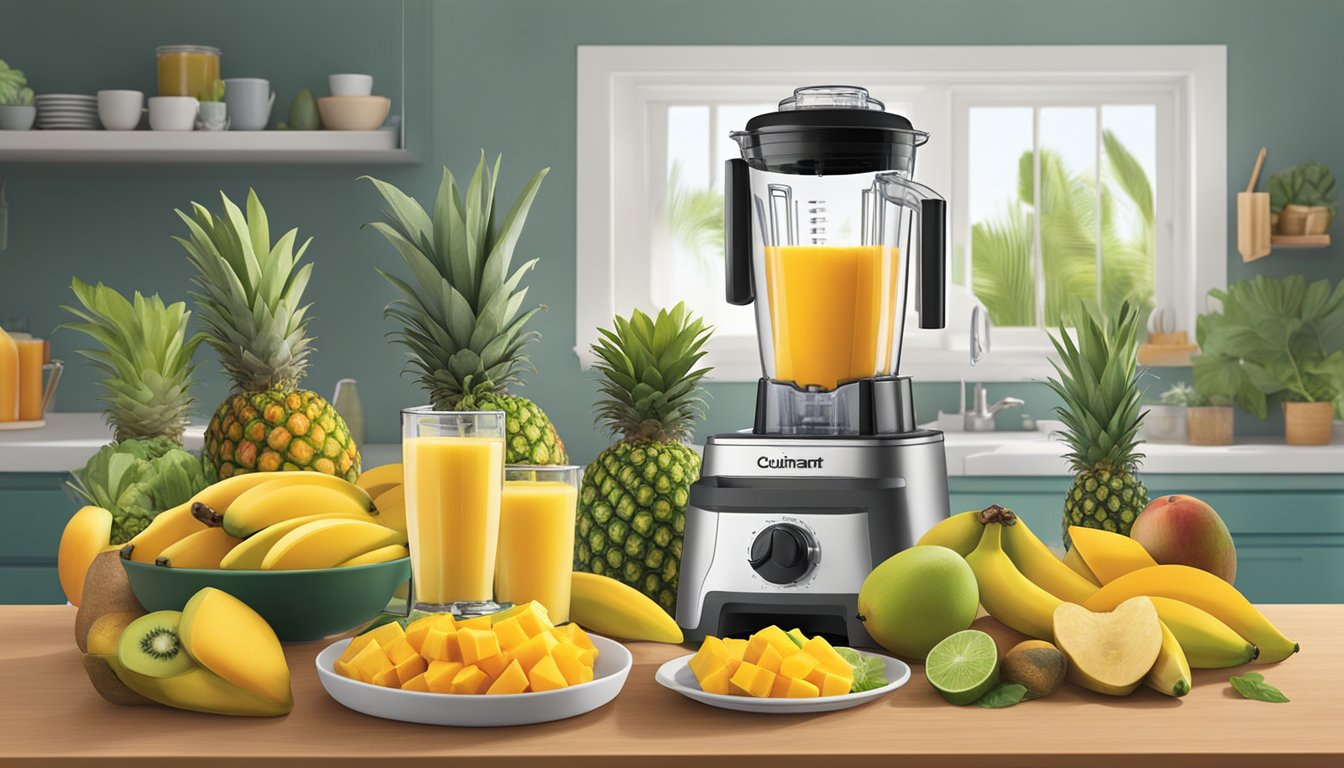 A vibrant tropical breakfast spread with mangoes, bananas, and other fruits being blended in a Cuisinart Hurricane compact juicing blender