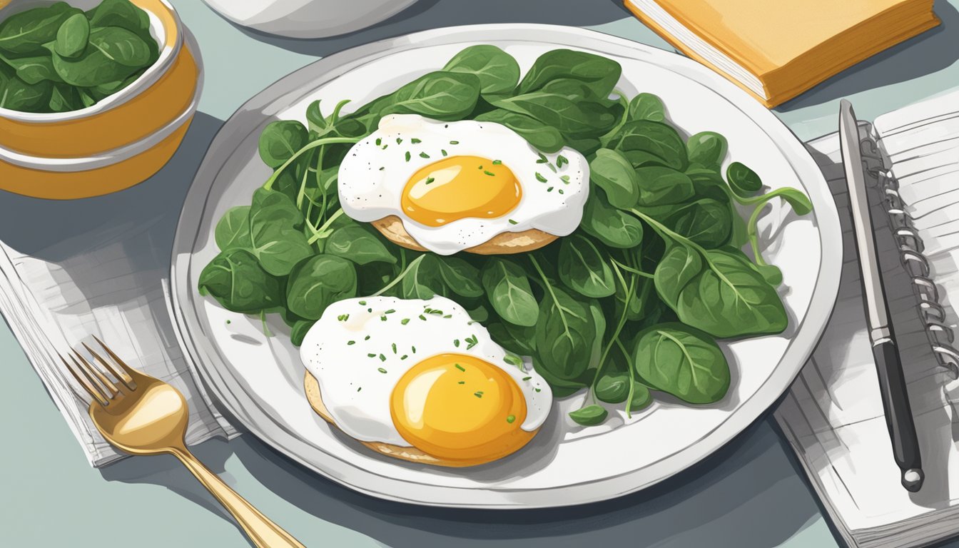 A plate with poached eggs and spinach next to a stack of recipe books