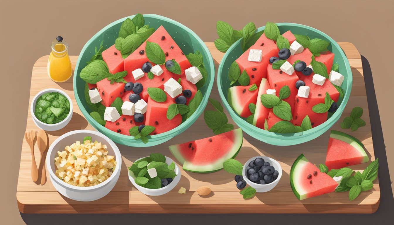 A vibrant watermelon, feta, and mint salad arranged on a wooden cutting board surrounded by fresh ingredients and meal prep containers