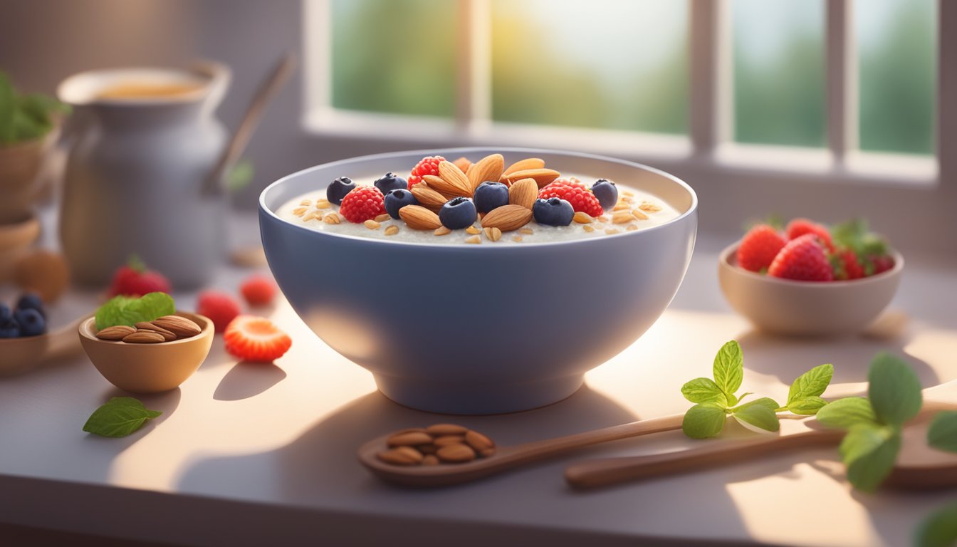 A bowl of quinoa porridge topped with almond milk, surrounded by ingredients like berries and nuts, with a warm and inviting morning sunlight streaming in from a window