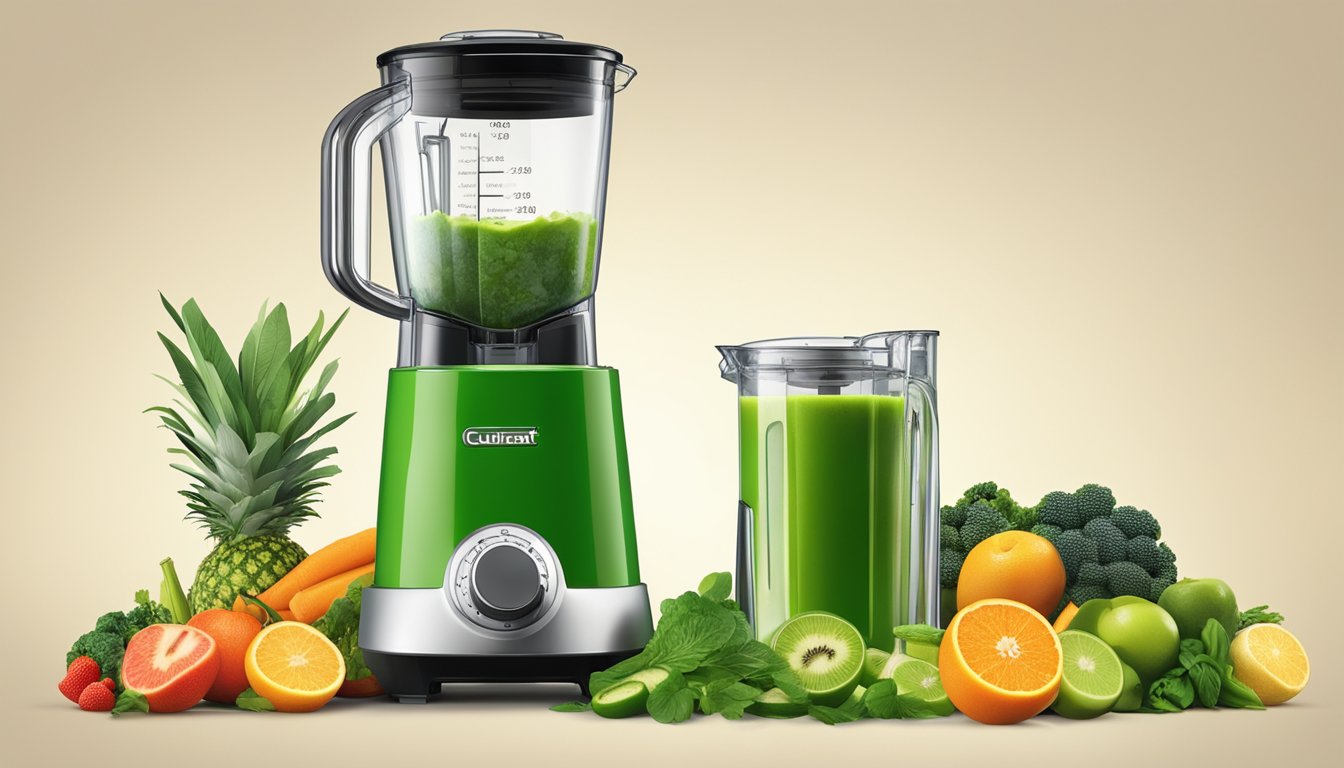 A vibrant green detox juice being poured from a Cuisinart Hurricane Compact Juicing Blender into a tall glass, surrounded by fresh fruits and vegetables