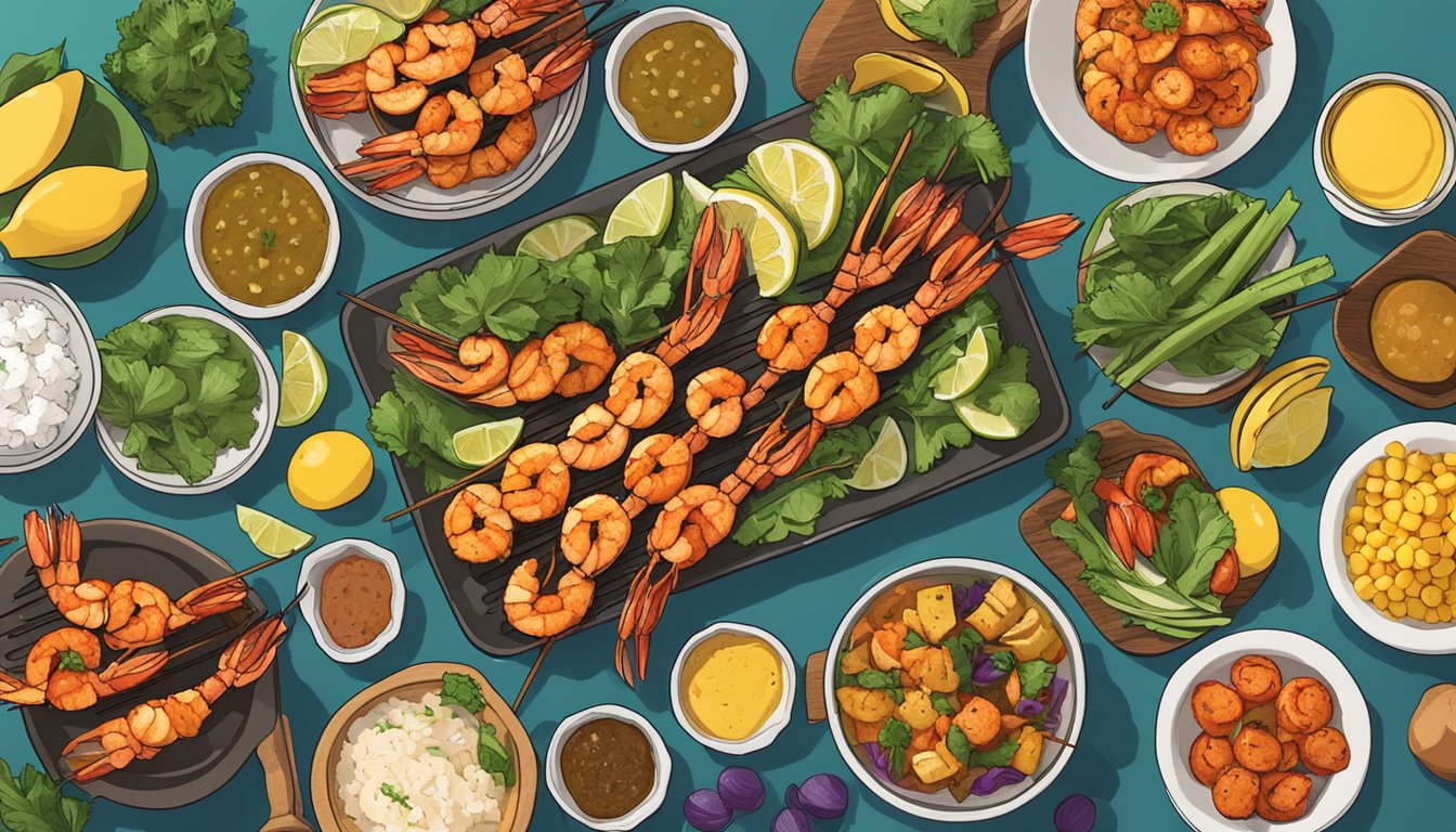 A table spread with colorful grilled shrimp skewers, surrounded by vibrant Juneteenth-themed meal prep ingredients