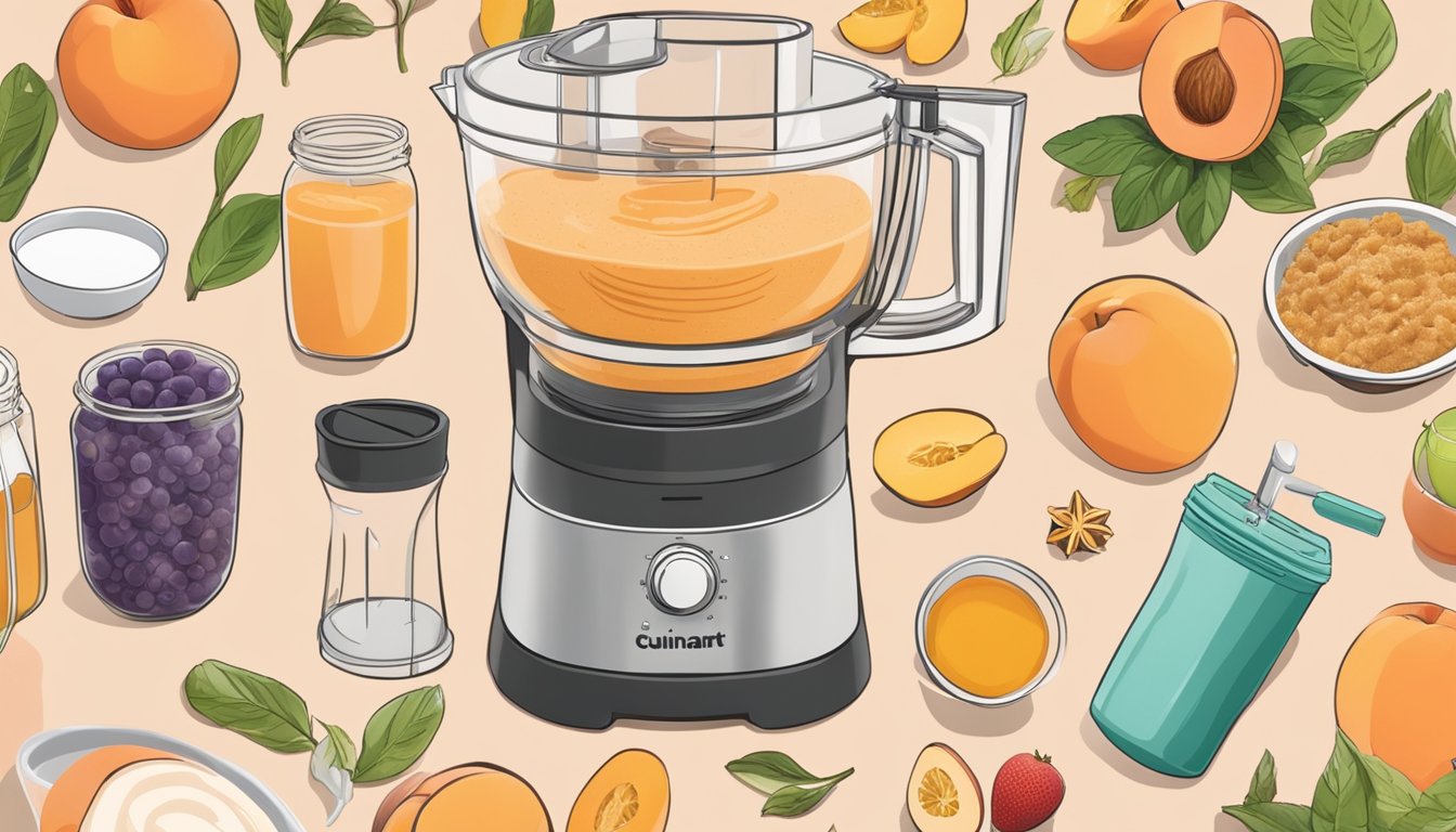 A peach ginger smoothie being blended in a Cuisinart Hurricane Compact Juicing Blender, surrounded by ingredients and breakfast items