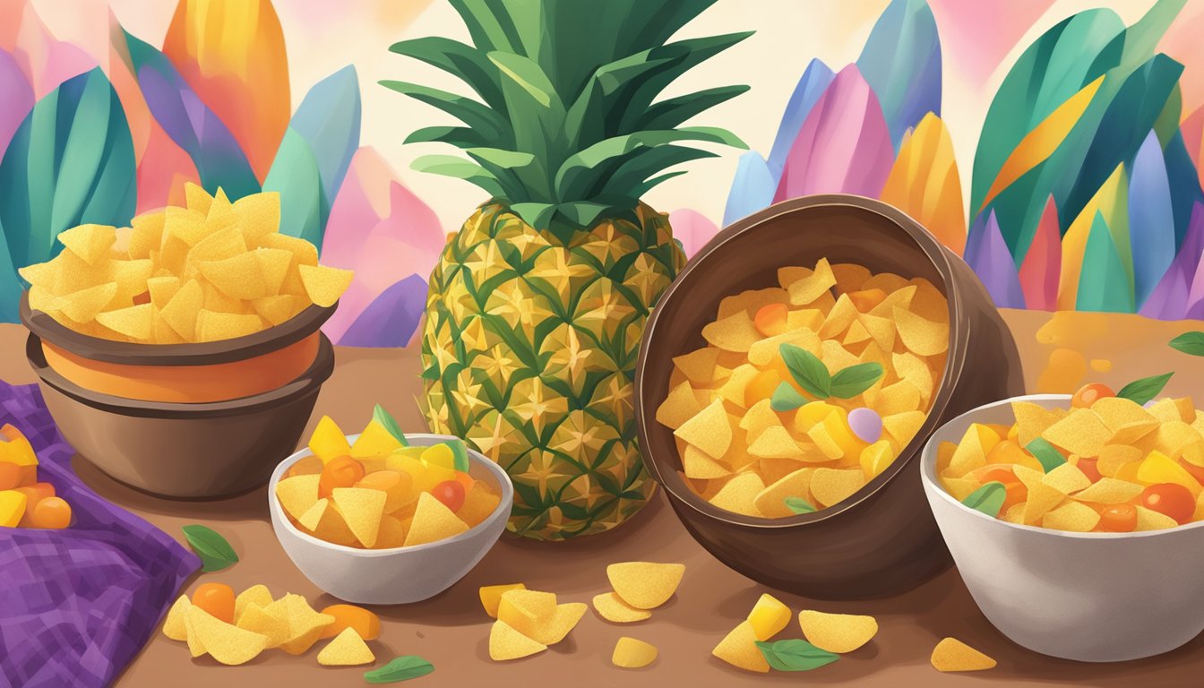 A vibrant bowl of pineapple and mango salsa sits next to a pile of freshly baked chips, surrounded by colorful Juneteenth decorations