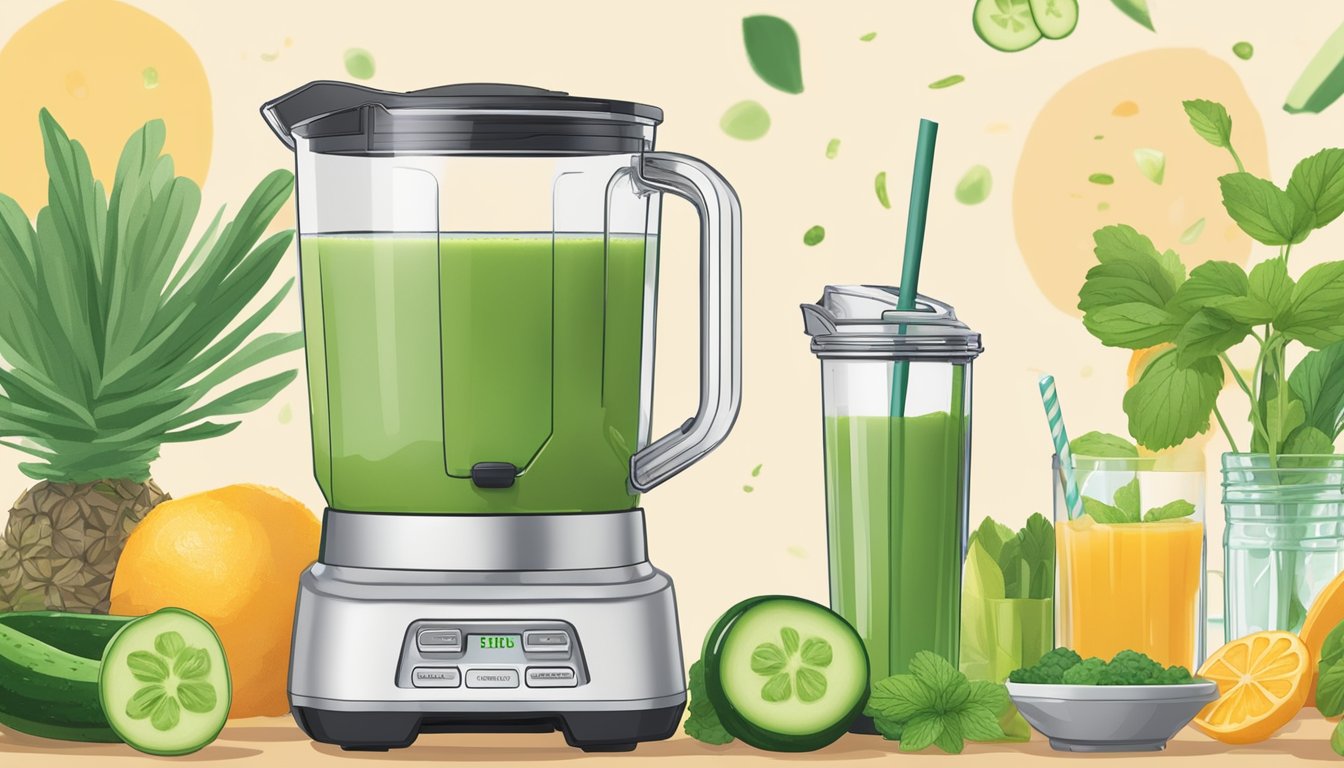 A refreshing cucumber mint smoothie being poured from a Cuisinart Hurricane Compact Juicing Blender into a tall glass, surrounded by fresh ingredients and breakfast items