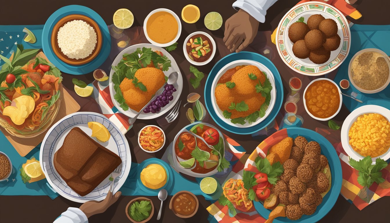 A festive Juneteenth meal spread with traditional dishes and vibrant colors, surrounded by symbols of freedom and cultural significance