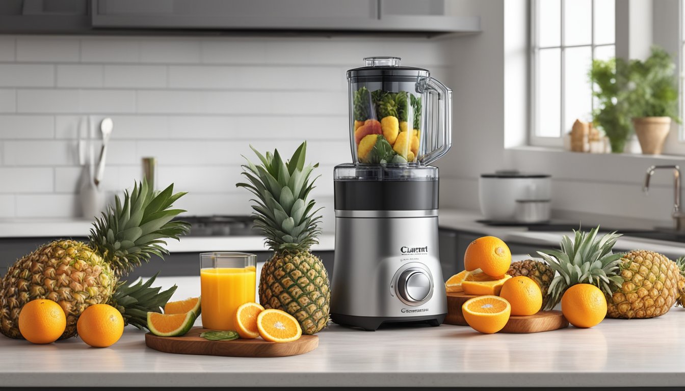 A colorful array of fresh pineapple, oranges, and other fruits, along with a sleek Cuisinart Hurricane Compact Juicing Blender on a clean kitchen counter