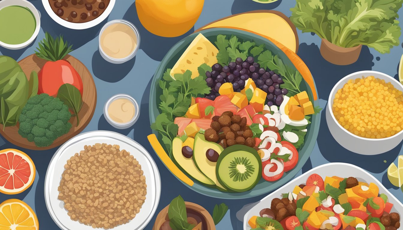 A colorful table spread with a variety of freshly prepared dishes, including fruits, vegetables, grains, and proteins, showcasing the nutritional benefits of meal prepping for Juneteenth